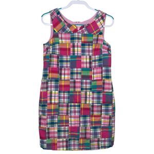 Talbots Dress Womens 8 Petite Pink Blue Plaid Patchwork Madras Preppy Pockets